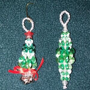 Beaded Christmas Tree Icicle Ornaments Set 2 VTG Green Silver Bells Red Ribbon